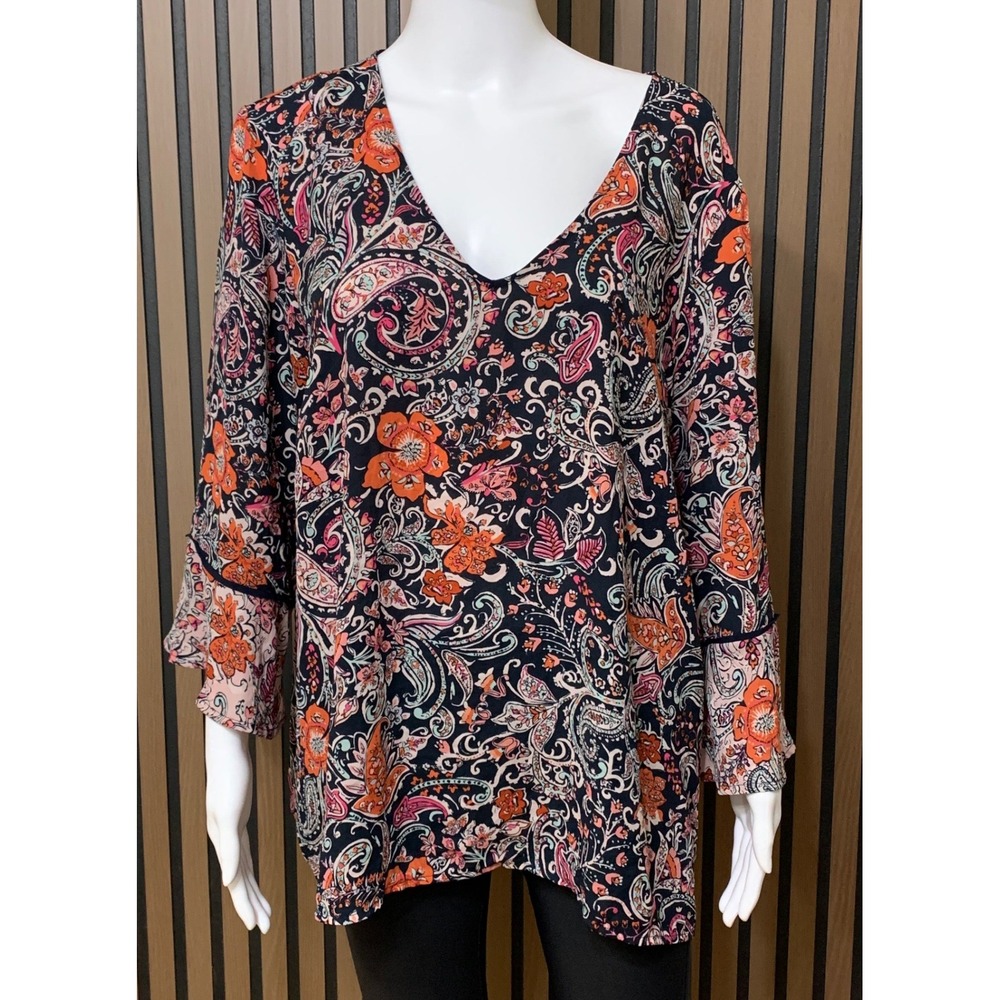 J. Jill Women's Paisley Floral V-Neck Ruffle Cuff Tunic Top Navy Orange XL